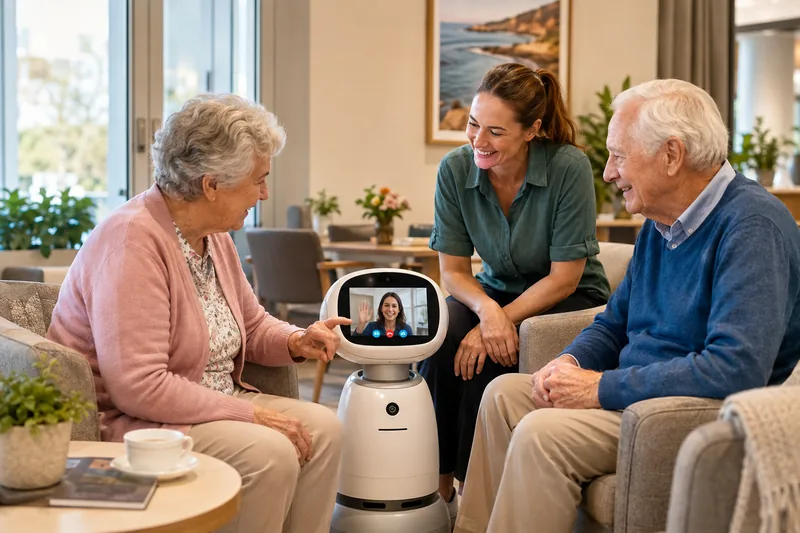Elder support image showing caregiver with elderly couple and robot assistant in living room
